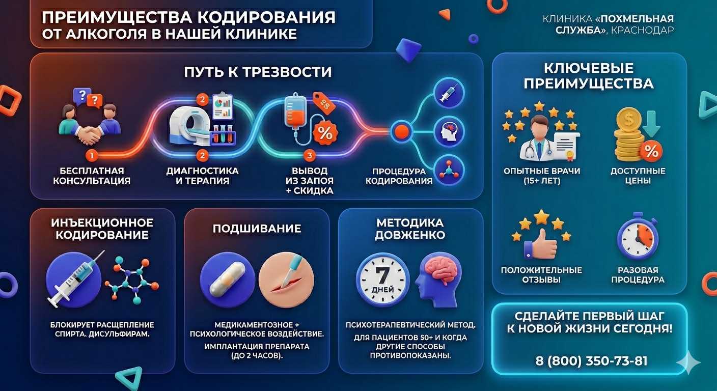 Инфографика о методах кодирования от алкоголя в Осинниках: инъекции, подшивание, метод Довженко. Преимущества клиники и этапы лечения.
