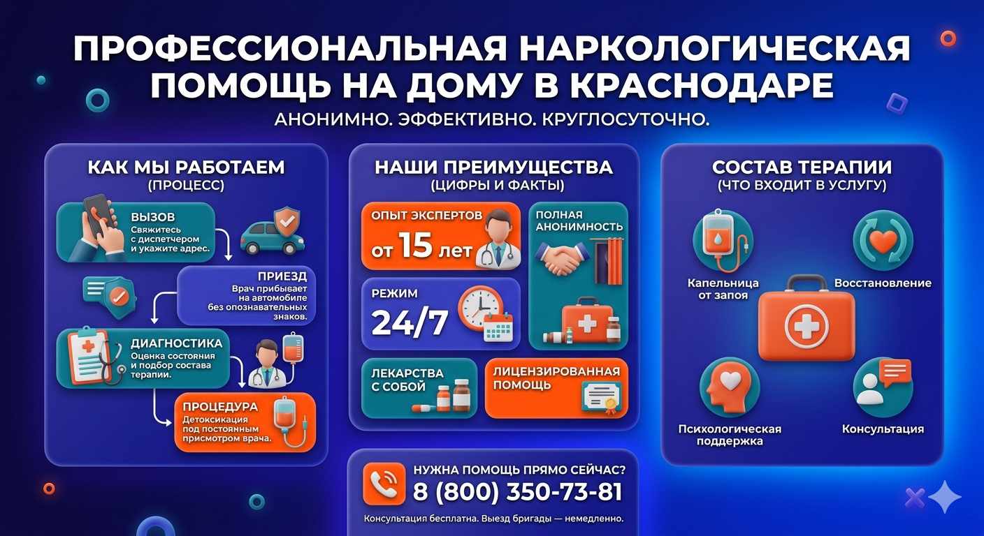 Инфографика о принципах лечения алкоголизма на дому в Осинниках: этапы вызова нарколога, преимущества анонимной детоксикации и состав медицинской помощи.